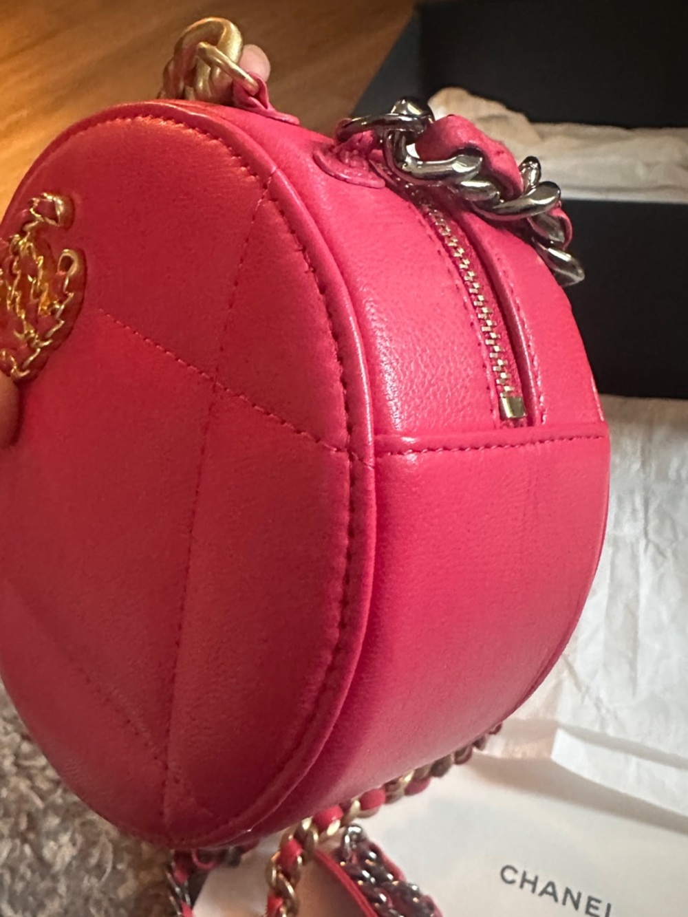 CHANEL Hot Pink Quilted Round Mini Crossbody with Gold Chain - Picture 16 of 16